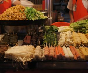 Street food vendor display with fresh local foods