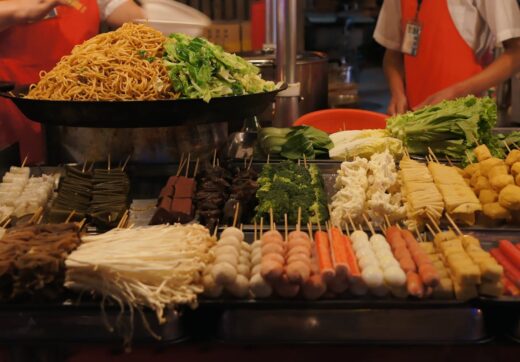 Street food vendor display with fresh local foods