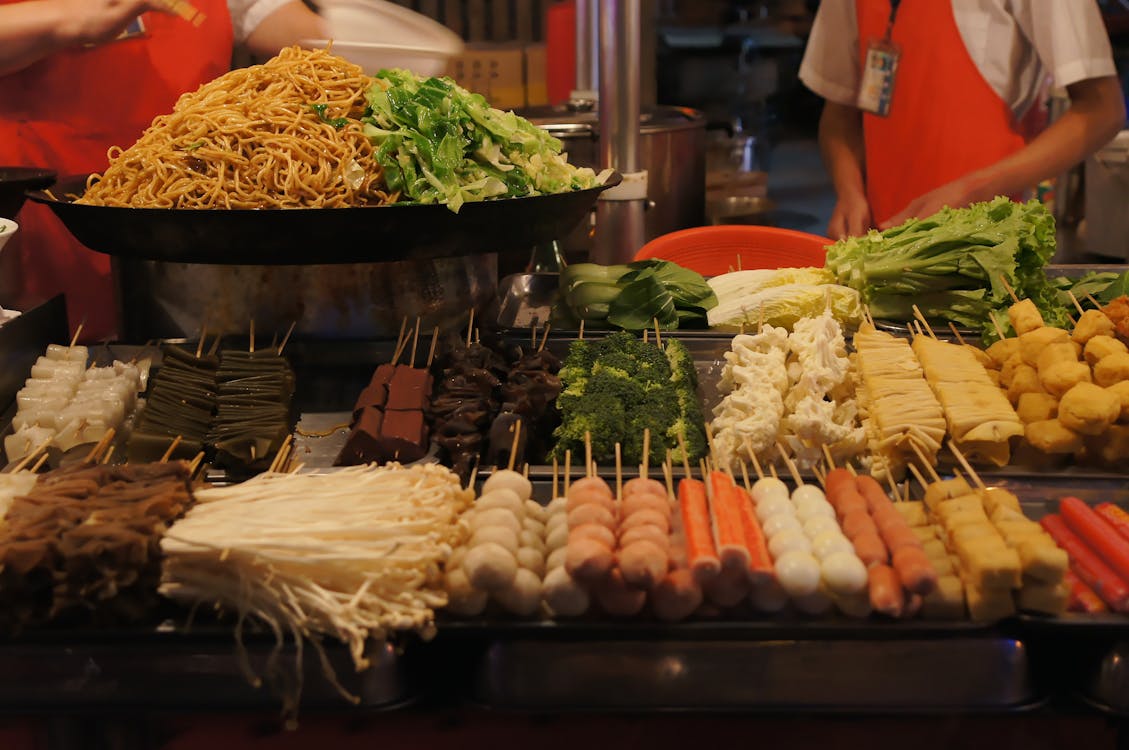 Street food vendor display with fresh local foods