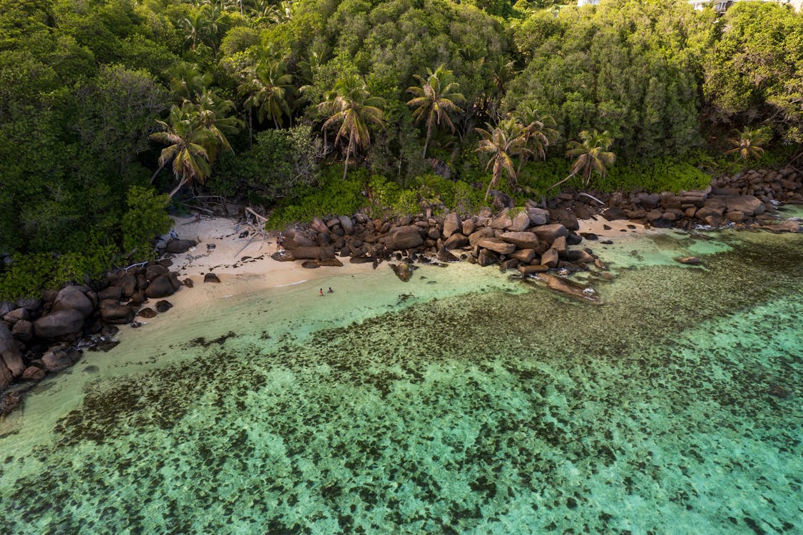 Aerial view of a tropical island coastline with turquoise water