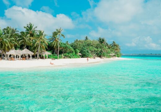 Tropical island turquoise lagoon aerial view