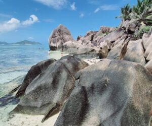 Pristine beach with granite rock formations in the Seychelles
