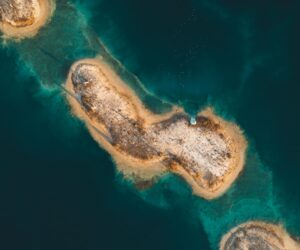 Aerial view of tropical islands surrounded by turquoise water