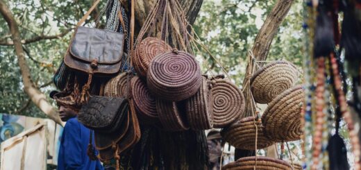 Malagasy crafts colorful woven bags — Explore authentic Nigerian craftsmanship with woven baskets and leather bags in Abuja's vibrant outdoor market.