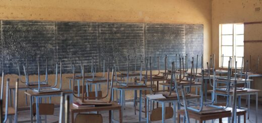 Empty rural African school classroom with wooden desks and blackboard